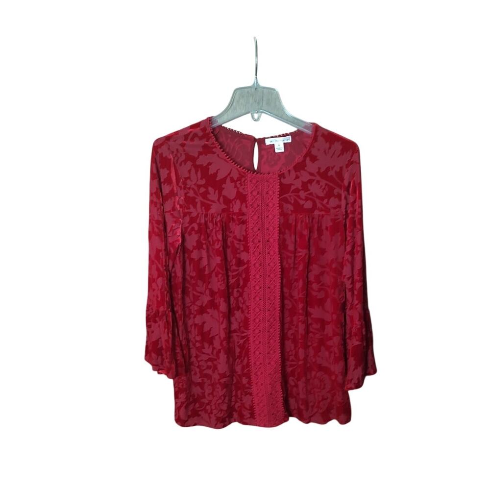 Vintage John Paul Richard Red Jacquard Velvet Lace Peasant Blouse Women Medium